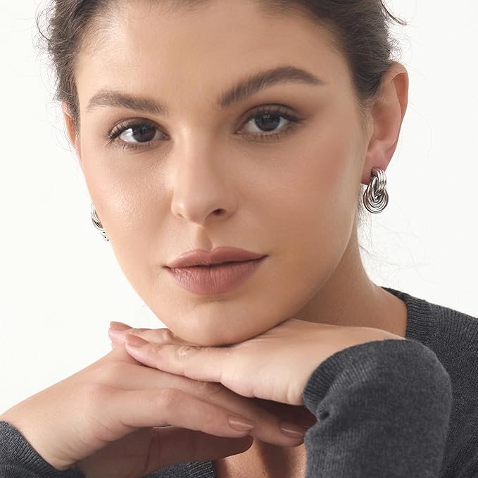 Chunky Silver Knot Link Earrings,Statement Circle Drop Dangle Design, Fashion Jewelry for Women
