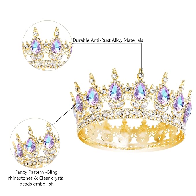 Queen Crown Rhinestone Wedding Crowns and Tiaras for Women Costume Party Hair Accessories Princess Birthday Crown Crystal Bridal Crown (Gold Crown-Violet)