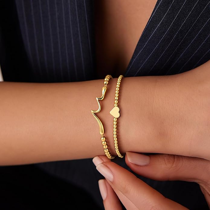 Turandoss Gold Bracelets for Women - Dainty 14K Gold Plated Bow Cross Beaded Bracelets for Women Stackable Heart Bead Bracelet Set Wave CZ Round Ball Bracelet Valentine's Day Gifts for Her