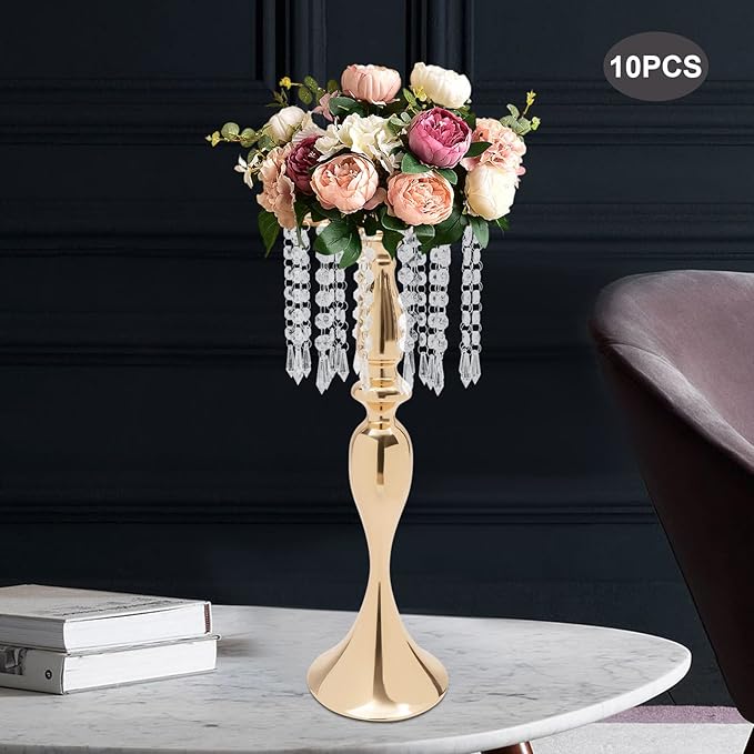 Wedding Centerpieces Gold Vases,10PCS Metal Flower Candle Holder with Sparkling Crystal Beads,Crystal Flower Vase Metal Flowers Stand for Party Tables Decorations (10pcs Gold-Height 21.3)