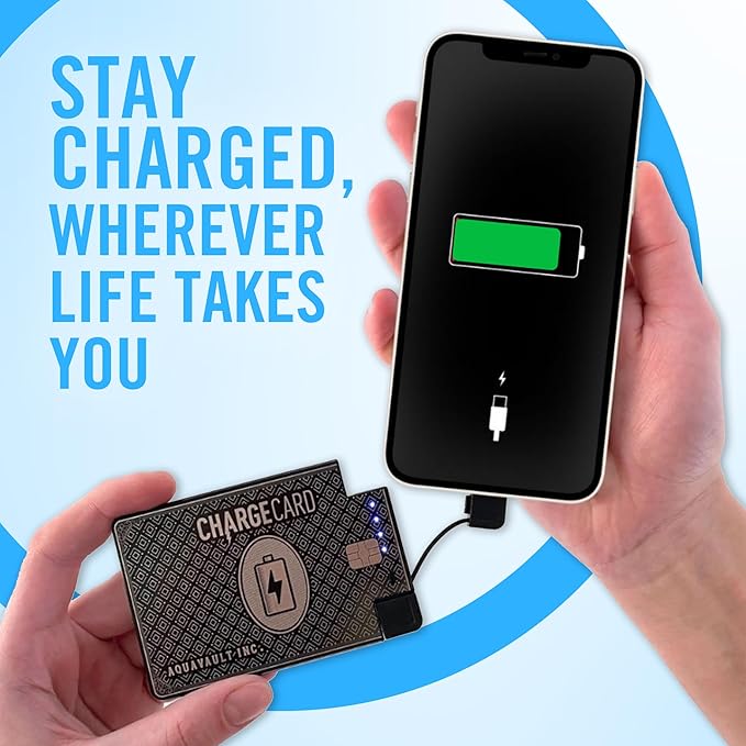 AquaVault ChargeCard – Ultra Slim Emergency Power Bank (2300mAh) – Fits in Wallet – USB-C & Micro-USB – Durable Steel Body – Flight-Safe Pocket Charger for iPhone 16/15/14/13/12, Android - (Black)