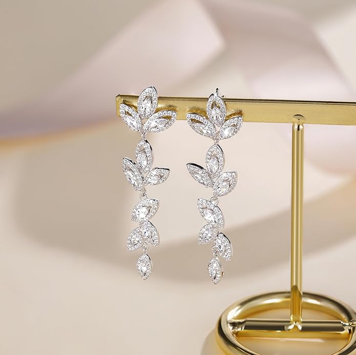 EAMTI Silver Dangle Earrings for Women Cubic Zirconia Marquise Bridal Wedding Earrings 925 Sterling Silver Post Engagement Earring