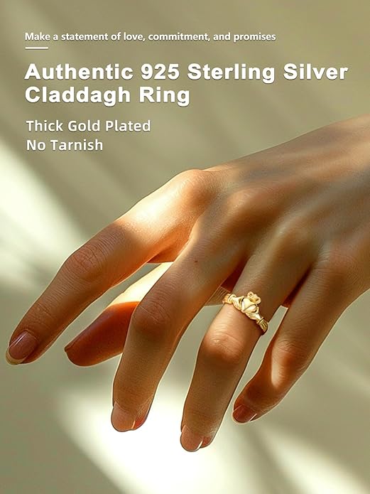 Bestyle 925 Sterling Silver Ring for Women, Minimalist Claddagh Ring Celtic Knot Ring for Women, Irish Promise Wedding Band, Gold/Rose Gold Vermeil Women Band Ring, Stackable, Gift for Her