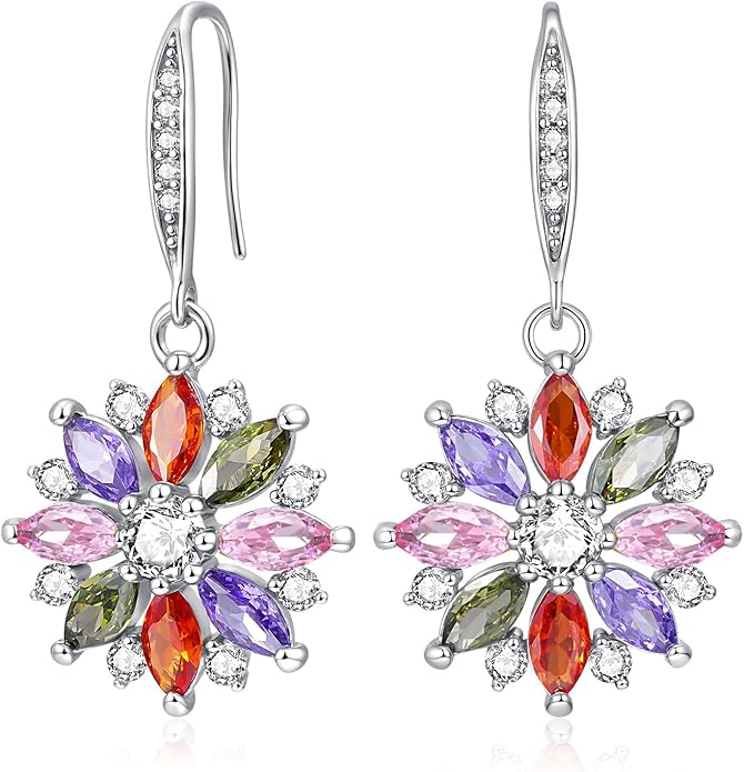 VONSSY Colorful Snowflake Pendant Necklace Earrings Rose Gold 5A Cubic Zirconia | Crystal Sweater Chain | Multi Gemstone Garnet Amethyst Morganite Peridot Prom Rhinestone Necklaces for Women Vintage Stylish Gift