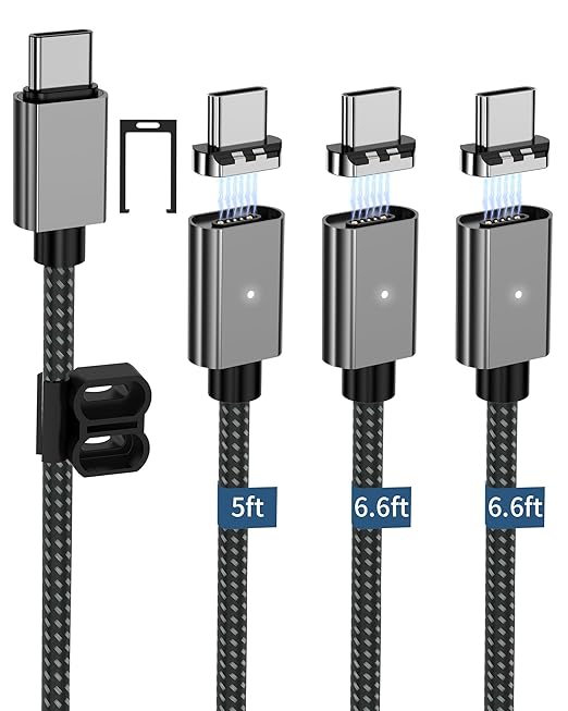 ZBF 100W USB C Magnetic Charging Cable,Magnetic Charger Cable for USB C to C(3 Pack, 5/6.6/6.6FT) 480Mbps Data Transfer, 5A Fast Charging for Phone 17 16 15 14,13 Pro Max,MacBook Pro Pad Galaxy S22