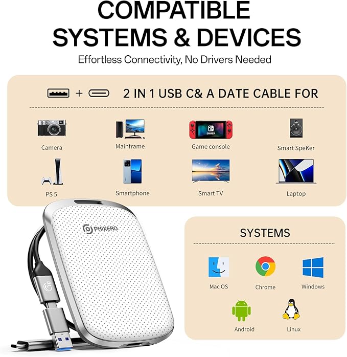 PHIXERO P5PLUS Portable SSD 1TB Up to 550MB/s, USB 3.2 Gen 2 External Solid State Drive，USB C to C&A for Smartphone，Tablet，PC，Labtop (White)