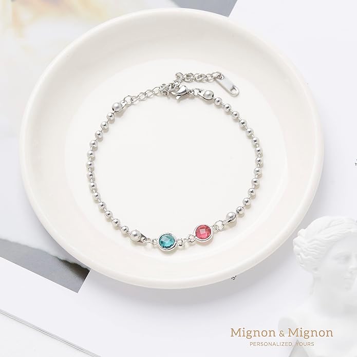 MignonandMignon Custom Birthstone Bracelet for Women, Personalized Beaded Chain Jewelry, Birthday, Gift for Friends, Adjustable Bracelet with Birth Month Stones – B-BR-2HBS