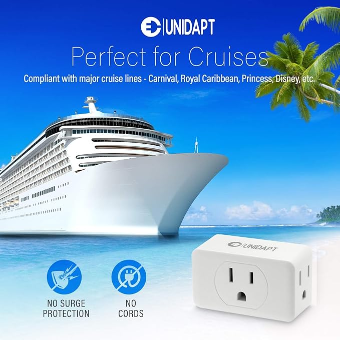 Unidapt Multi Plug Outlet Extender 2 Pack - 3 Way Wall Outlet Splitter, Cruise Ship Essentials Power Plug Adapter, Compact Travel Wall Tap Expander, Flat Angled Design, Home, Office, Dorm - White