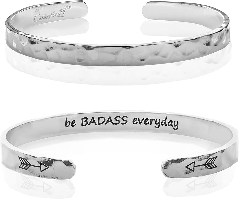 Carviell Engraved Cuff Bracelets for Women – Inspirational, Friendship, Love, Mom, Daughter, Sister, Christian, Graduation, Memorial & Wedding Gifts – 80+ Phrases – Stainless Steel, Gift-Ready