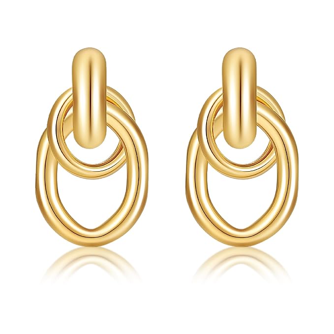 Chunky Twisted Knot Link Earrings for Women， Elliptic Drop Dangle Statement Geometric Stud，Trendy Jewelry