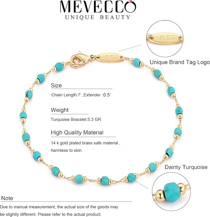 MEVECCO Gold Round Turquoise Beaded Bracelets,14K Gold Plated Handmade Cute Dainty Bracelet for Women