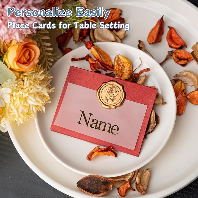 25 Pack Name Cards for Table Setting, Place Cards with Antique Gold Rose Wax Seal Sticker for Wedding, Table Tent Card Stock Handmade Decor for Party, Dinner, Home (Pearlized Wine Red)
