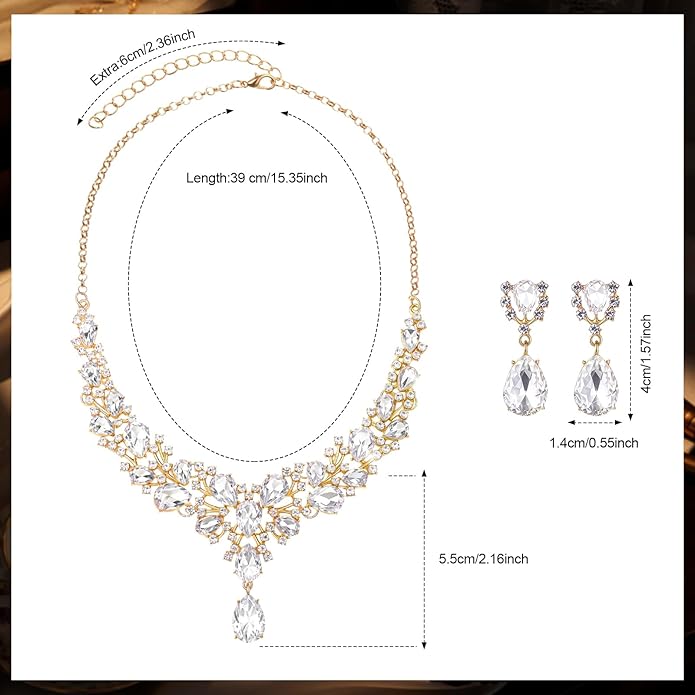 Hicarer Bridal Teardrop Cluster Crystal Jewelry Set for Women Necklace Earrings Wedding