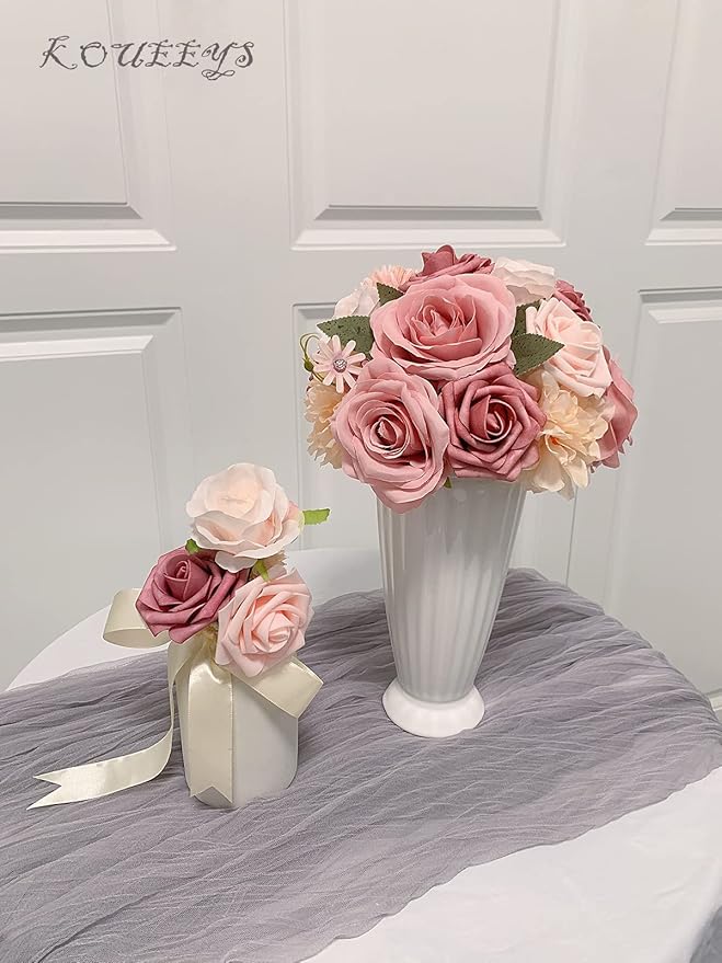 Roses Artificial Flowers Pink Bouquets Box Set for DIY Bridal Wedding Shower Decorations Fake Floral Arrangements for Party Table Centerpieces Home Decor Indoor Outdoor Dusty Blush 19pcs