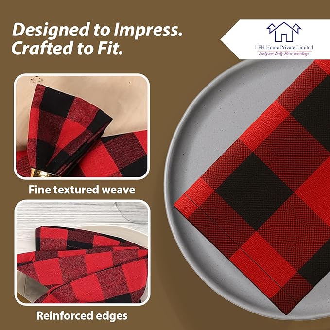 LFH Home 100% Cotton Cloth Reusable Dinner Napkins Set of 12 Washable Soft Decorative Buffalo Plaid Gingham and Checkered Table Napkins for Holidays Wedding Farmhouse Decor 18x18 Inch-Red & Black