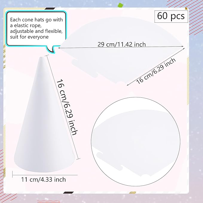 60 Pieces White Party Cone Hats Plain Birthday Paper Cone Hats with Elastic Rope for DIY Craft Birthday Thanksgiving New Year Party Supplies