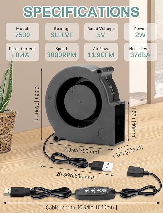 75mm x 30mm USB Blower Fan 5V Turbine Centrifugal Blower Fan for Cooling DIY Computer Case PC 3D Printer Electronics Cabinet Helmet Laptop Game Consoles