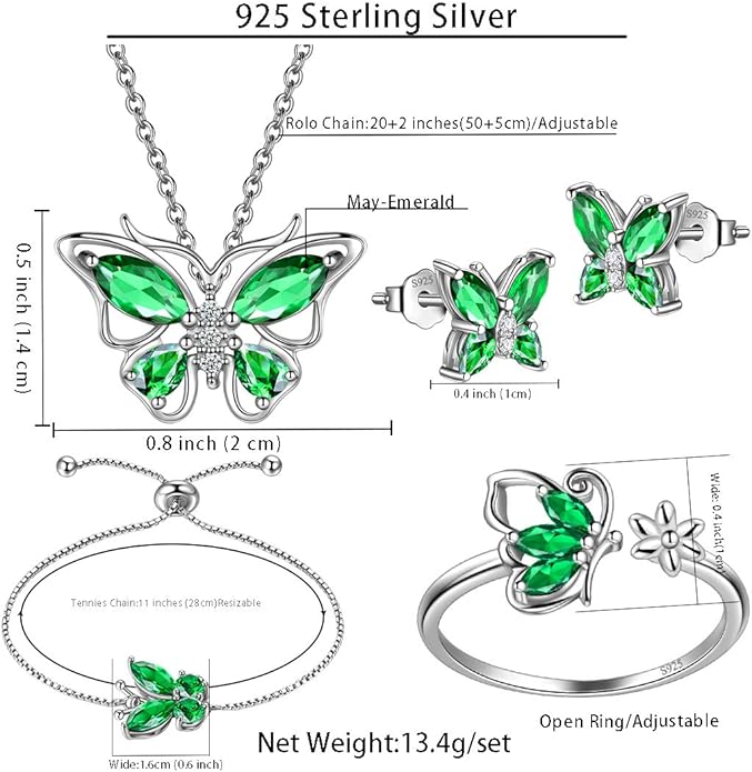 925 Sterling Silver Birthstone Butterfly Jewelry Women Crystal Animal Cute Butterflies Birthday Necklace/Earring/Ring/Bracelet Sets Birth Stone Statement Anniversary Jewellery