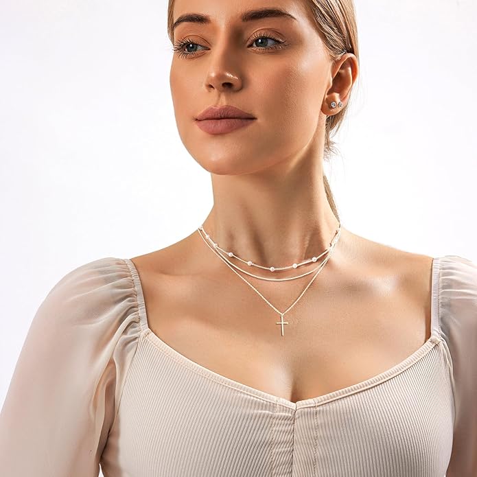 Zeffy Gold Pearl Necklace for Women, Dainty 14K Gold/Silve Plated Layered Pearl Choker Pearl Earrings Pearl Bracelets Wedding Trendy Gold Jewelry Set for Women Gifts