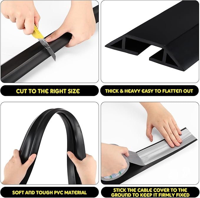 Pangda 10 FT Floor Cable Cover Heavy Duty Cord Cover Protector Power Cable Protector Soft Extension, Organize and Protect Wire on Floor for Home Office or Outdoor Settings (Black)