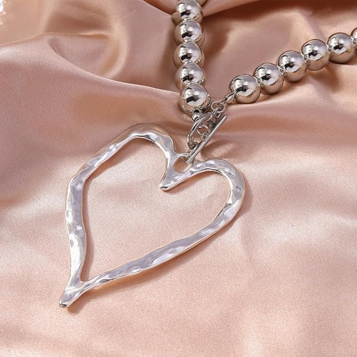 Unique Big Chunky Gold Heart Beads Necklace for Women, Charm Large Thick Hollow Love Heart Pendant Beaded Chain Choker Necklaces Party Y2K Jewelry Gift