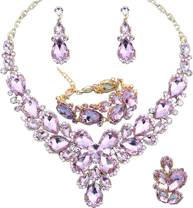 Women's Wedding Bridal Austrian Crystal Glass Teardrop Statement Necklace Dangle Earrings Bracelet Ring Wedding Party Jewelry Set for Bridal Bridesmaid