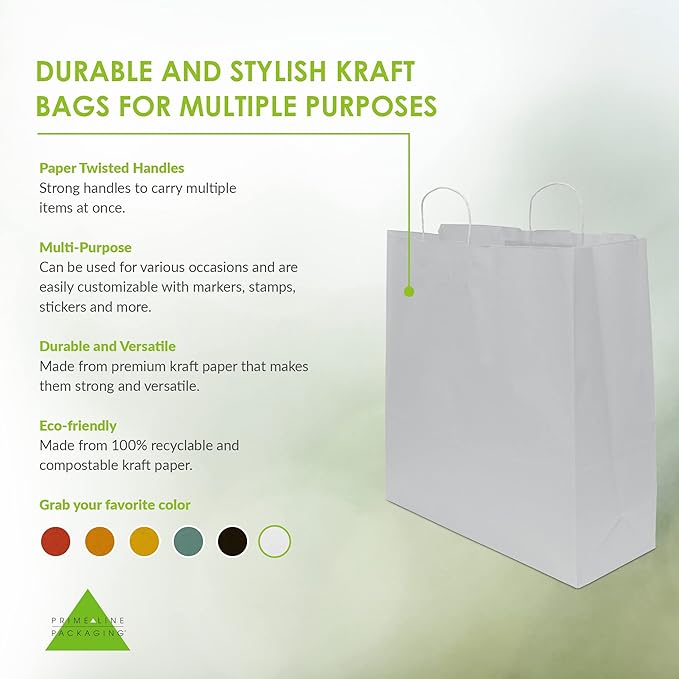 Prime Line Packaging White Gift Bags, Kraft Shopping Bags Extra Large with Handles for Small Business, Boutiques, Retail, Merchandise, Bulk,18x7x18.75, 50 Pack