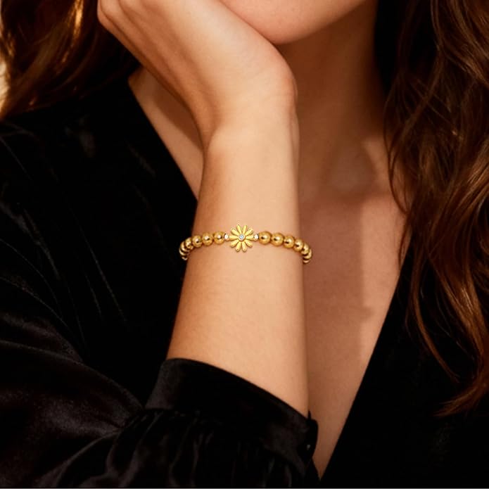 HZDK Gold Bracelets for Women - 14K Gold Plated Beaded Bracelets for Women Gold Jewelry Stackable Charm Bracelet Dainty Stretch Bead Bracelet Christmas Gifts for Her