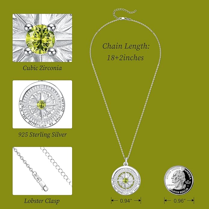 KINGWHYTE Graduation Gifts Birthstone Necklace for Women 925 Sterling Silver Compass Pendant Go in the Direction of your Dream Travel Jewelry Birthday Gift for Her