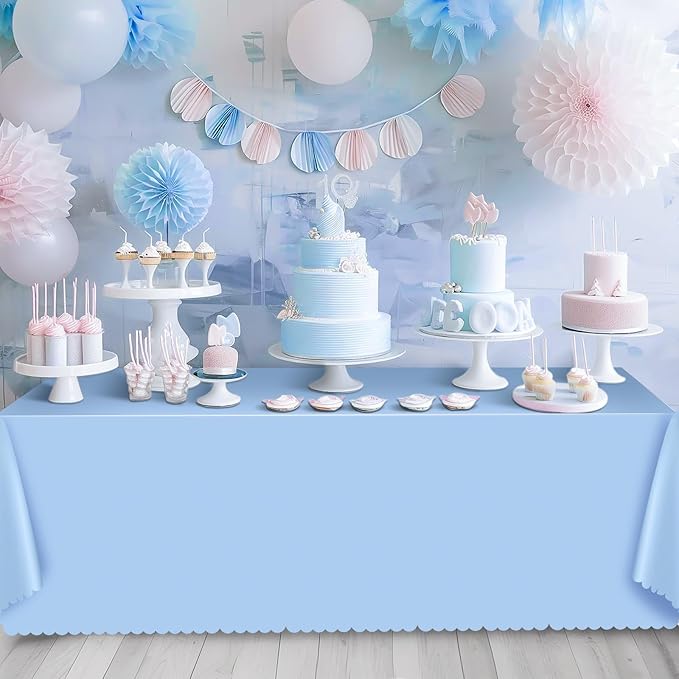 6 Pack Plastic Light Blue Tablecloth, 54 X 108Inch Disposable Baby Blue Scalloped Dessert Tablecoth for Rectangle Table Waterproof Spring Table Cover for BBQ Picnic Wedding Birthday Baby Shower Decor