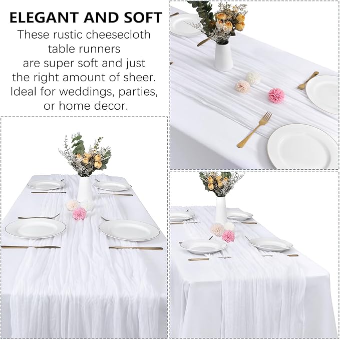 6 Pack White Cheesecloth Table Runner 10FT Boho Gauze Cheese Cloth Fabric 35 x 120 Inch Rustic Sheer Runner for Christmas Wedding Decor Baby Shower Party Boho Decoration