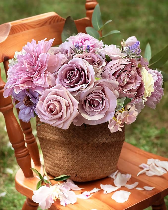 Roses Artificial Flowers Purple Fake Flower Bulk for DIY Wedding Bouquet Bridal Baby Shower Centerpiece Table Decorations Silk Faux Floral Arrangements for Party Home Decor Cake Decorating