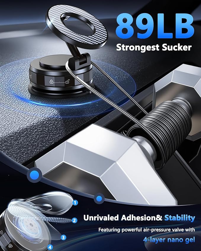 Vacuum Magnetic Car Phone Holder for Magsafe [89+LBS Suction & 3200gf Magnetic] 360° Adjustable Ultra Suction Cup Phone Holders for Your Car/Gym/Mirror, Car Mount for iPhone & Android (Black)