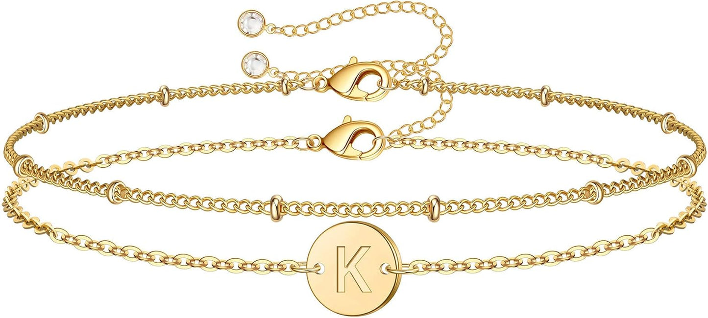 MONOZO Gold Initial Bracelets for Women Girls Valentines Day Gifts - Dainty 14K Gold Plated Layered Beaded Letter Initial Bracelet 26 Alphabet Disc Monogram Charm Bracelet Valentines Day Gifts for Her