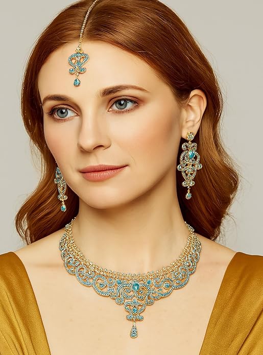 Touchstone Indian jewelry set for women bollywood gold jewellery wedding outfits necklace sets earrings bridal maang tikka fancy costume girls big desi accessories rhinestone in gold or silver tone