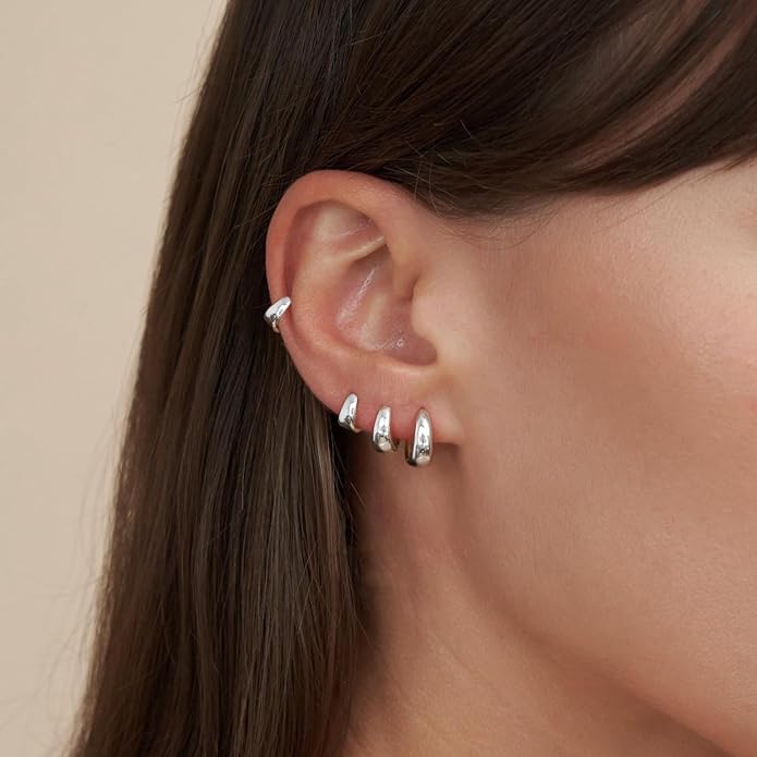 CHESKY 4 Pairs Small Huggie Hoop Earrings for Women - Chunky 14K Gold Plated/Silver Plated Lightweight Earring Stacks Cartilage Hoop Earrings Set for Multiple Piercing Trendy Jewelry