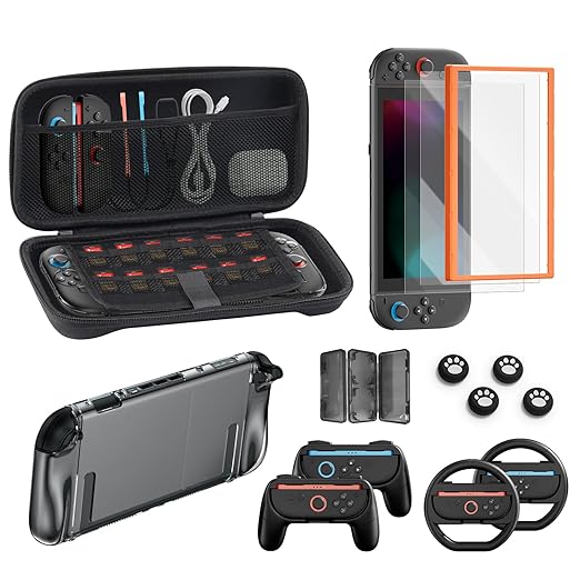 Switch 2 Accessories Bundle for Nintendo, 16-in-1 Game Kit: Carrying Case, Screen Protectors with Alignment Frame, Steering Wheels, Grips for Joycon Controller, Dockable Console Protective Cover Shell