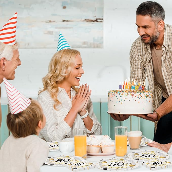 75PCS 50th Happy Birthday Plates and Napkins Party Decorations, 7 Inch Premium Grey and Gold Birthday Paper Dessert Cake Plates and Napkins Disposable Tableware Set Party Favors for Women Men