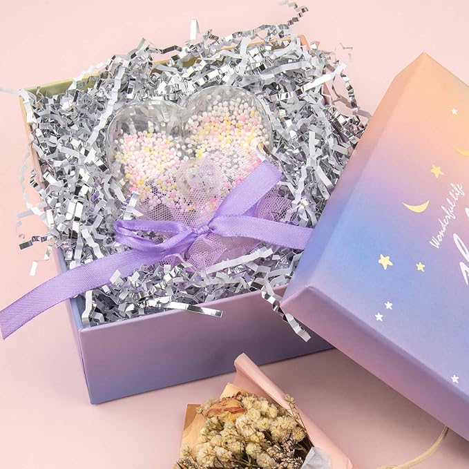 Caleihd 4.5oz Crinkle Cut Paper Shredded Filler Paper for Gift Baskets Gift Box Confetti Paper Shreds Decoration Stuffing for Birthday, Weddings, Anniversaries, Christmas Wrapping White&Silver