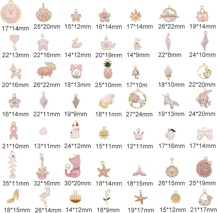 40pcs(20PAIRS) Assorted Gold Tone Enamel Animals Fruit Moon Star Dainty Dangle Flowers Pendants Charms for Jewelry Making Necklace Bracelet, Pink Theme