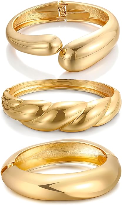Chunky Gold Bangle Bracelets for Women, Dainty 14k Gold Plated Big Stackable Bangles Set, Trendy Statement Cuff Bracelet Stack Fashion Jewelry Christmas Gifts