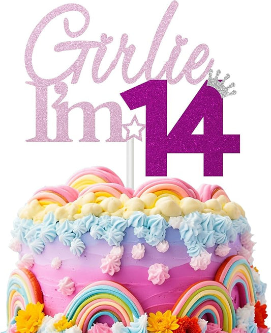 Girlie I'm 14 Cake Topper, 14th Birthday Decorations for Girl, Glitter Funny 14th Birthday Cake Topper, Girlie 14 Year Old Birthday Party Decoration Supplies