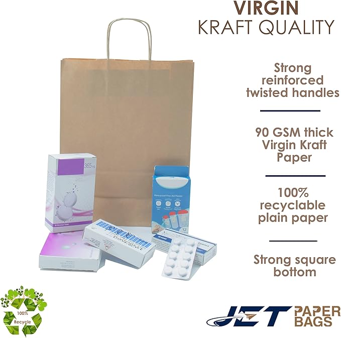 JET PAPER BAGS - 10”x5”x13” Inch [100 Pcs] Brown Paper Bags with Handles Prime for Takeout, Grocery, Goody, Retail, Party, Gifts, Weddings - Recyclable Kraft Paper Gift Bags with Handles