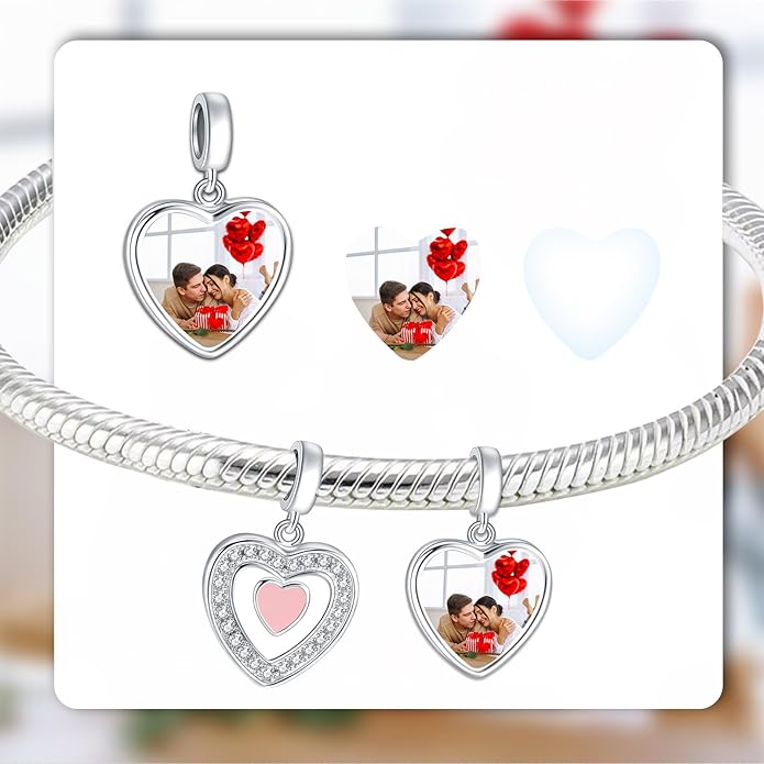Annmors Personalized Photo Charm for Bracelet Necklaces,925 Sterling Silver Charm Love Heart Shaped Engraved Customize Picture Gift for Birthday Mother's Day Christmas,Bead Charms Jewelry for Women