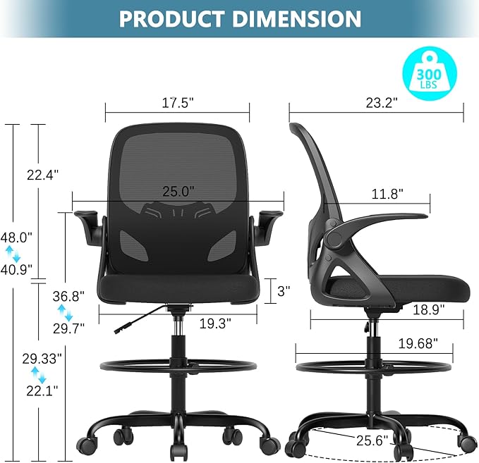 Tall Drafting Chair with Footrest Ring for Home and Work, Ergonomic Home Desk Office Chair with Flip up Arms and Lumbar Support, Extended Height Executive Desk Office(Black)