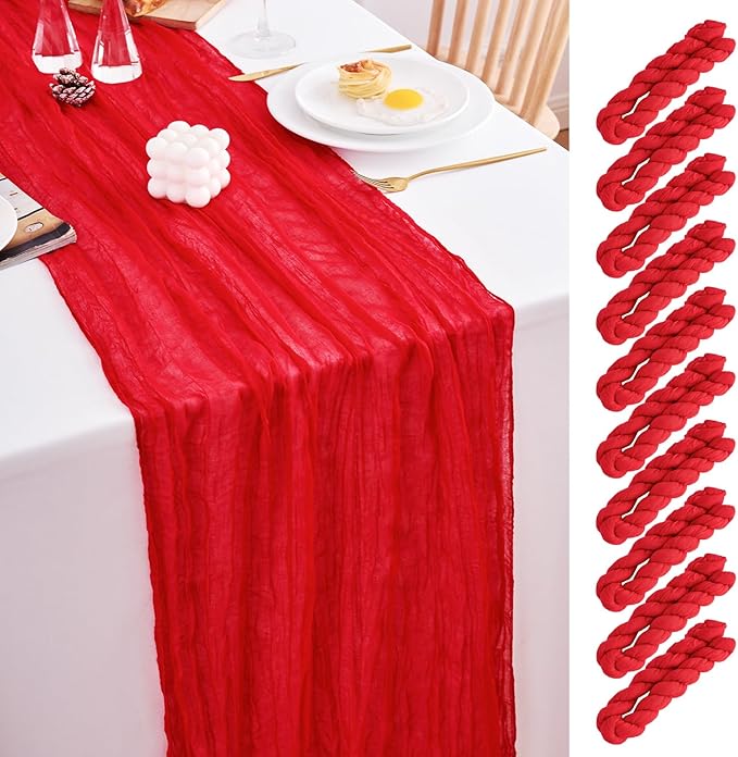 10 Pack Red Table Runner 120 Inch Cheesecloth Table Runner 10FT Rustic Boho Gauze Table Runner Long Cheese Cloth Table Runner Semi Sheer Runners for Wedding Bridal Baby Shower Party