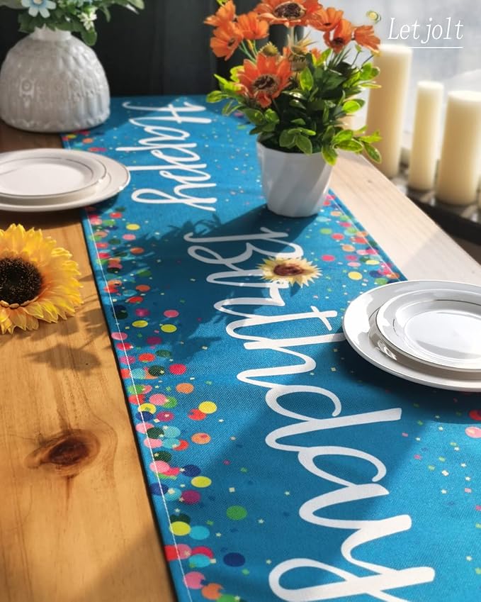 Letjolt Happy Birthday Table Runner 48 Inches Birthday Centerpieces for Tables Birth Day Party Sign Polka Dots Table Decoration, Blue