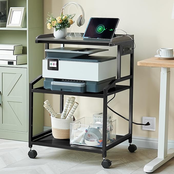 Lauren&Harold 34'' Printer Stand with Power Outlets & USB Ports, 3-Tier Adjustable Rolling Cart, Heavy Duty 150LBS Storage Table with Wheels for Office, Kitchen, Living Room, Black