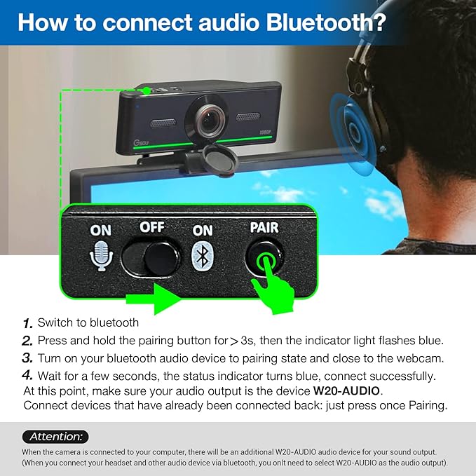 1080P Webcam with Microphone for Desktop, Computer Webcam Connect Bluetooth Headset/Earphone/Speaker, Streaming Webcams for Live Skype Teams, PC Web Camera for Streaming,Bluetooth only for Audio