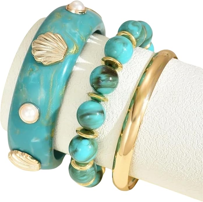 1 Set Bold Sea Inspired Multilayer Stackable Bracelet With Shell Waved Design Lightweight Resin Iron Jewelry For Women